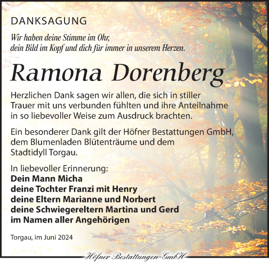 Traueranzeige von Ramona Dorenberg von Torgauer Zeitung