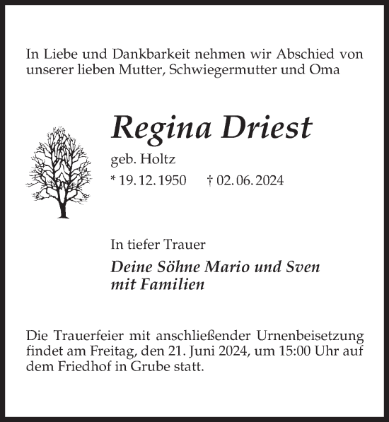 Traueranzeige von Regina Driest von Märkischen Allgemeine Zeitung