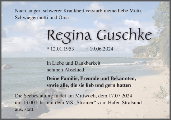 Traueranzeige von Regina Guschke von Ostsee-Zeitung GmbH