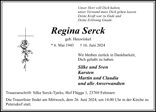 Traueranzeige von Regina Serck von Lübecker Nachrichten