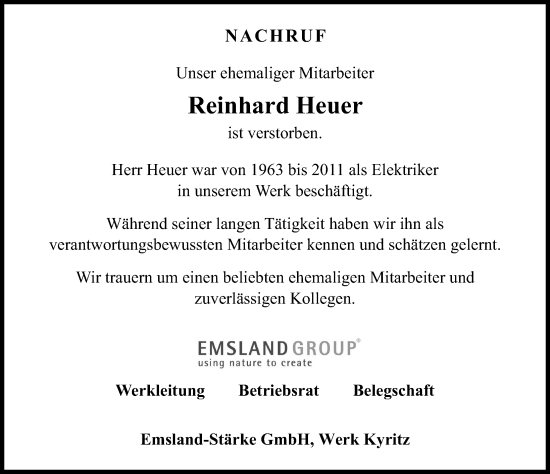 Traueranzeige von Reinhard Heuer von Wochenspiegel