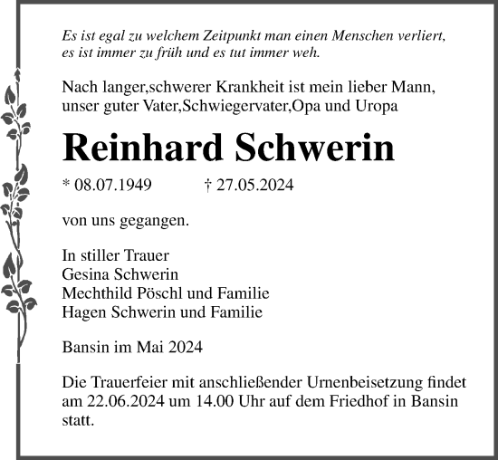 Traueranzeige von Reinhard Schwerin von Ostsee-Zeitung GmbH