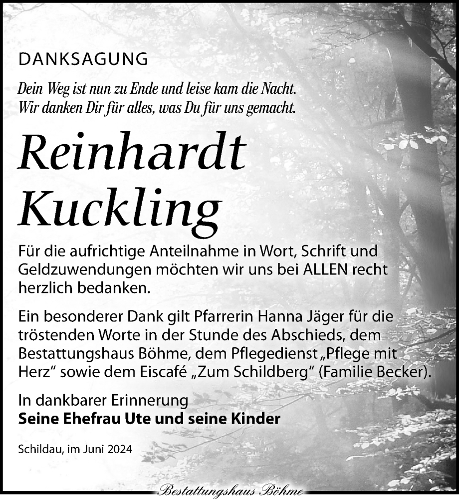  Traueranzeige für Reinhardt Kuckling vom 08.06.2024 aus Torgauer Zeitung