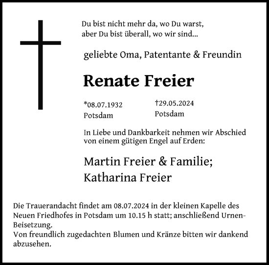 Traueranzeige von Renate Freier von Märkischen Allgemeine Zeitung