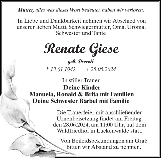 Traueranzeige von Renate Giese von Märkischen Allgemeine Zeitung