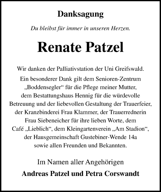 Traueranzeige von Renate Patzel von Ostsee-Zeitung GmbH