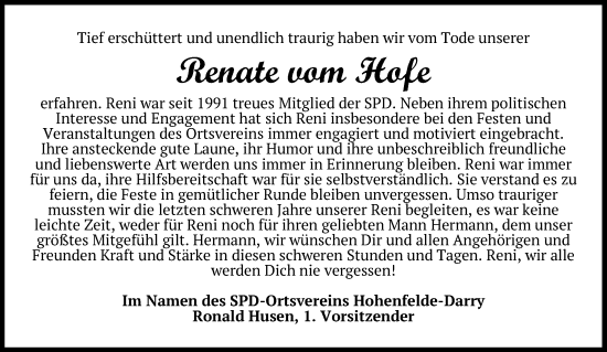 Traueranzeige von Renate vom Hofe von Kieler Nachrichten