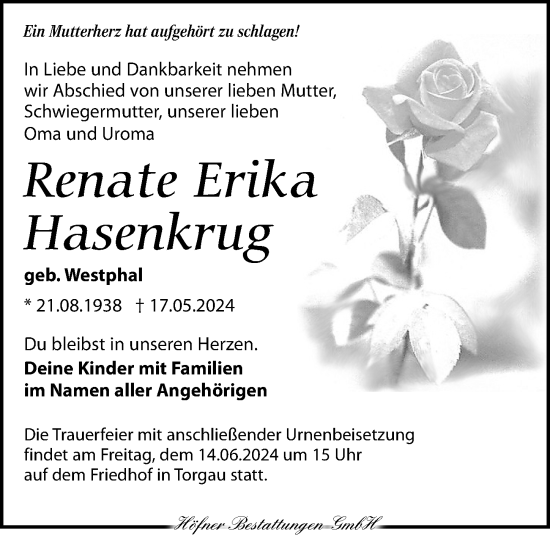 Traueranzeige von Renate Erika Hasenkrug von Torgauer Zeitung