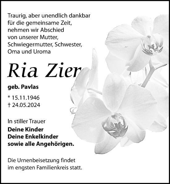 Traueranzeige von Ria Zier von Leipziger Volkszeitung