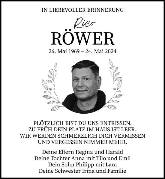Traueranzeige von Rico Röwer von Ostsee-Zeitung GmbH