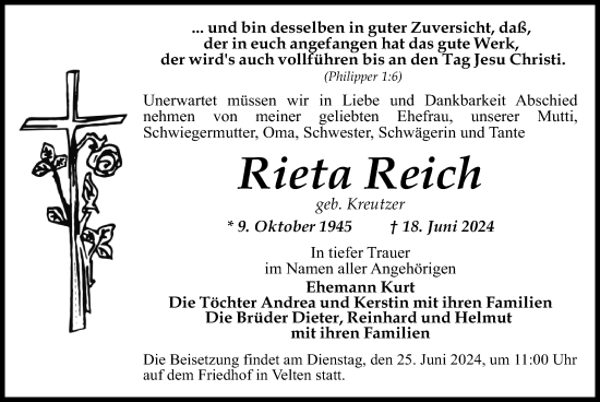 Traueranzeige von Rieta Reich von Märkischen Allgemeine Zeitung