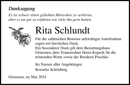 Traueranzeige von Rita Schlundt von Ostsee-Zeitung GmbH