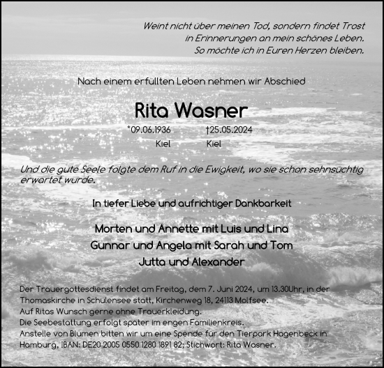 Traueranzeige von Rita Wasner von Kieler Nachrichten