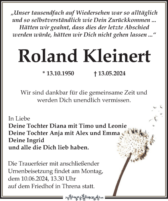 Traueranzeige von Roland Kleinert von Leipziger Volkszeitung