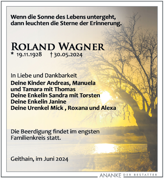 Traueranzeige von Roland Wagner von Leipziger Volkszeitung