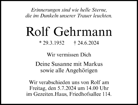 Traueranzeige von Rolf Gehrmann von Lübecker Nachrichten