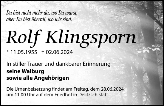 Traueranzeige von Rolf Klingsporn von Leipziger Volkszeitung