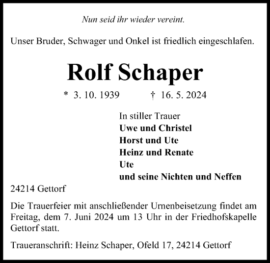 Traueranzeige von Rolf Schaper von Kieler Nachrichten