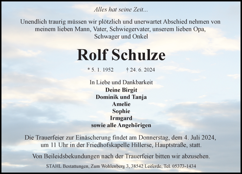  Traueranzeige für Rolf Schulze vom 29.06.2024 aus Aller Zeitung