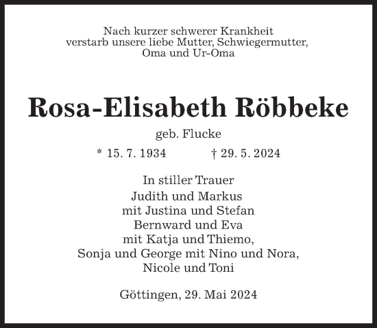 Traueranzeige von Rosa-Elisabeth Röbbeke von Göttinger Tageblatt