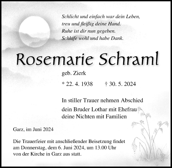 Traueranzeige von Rosemarie Schraml von Ostsee-Zeitung GmbH