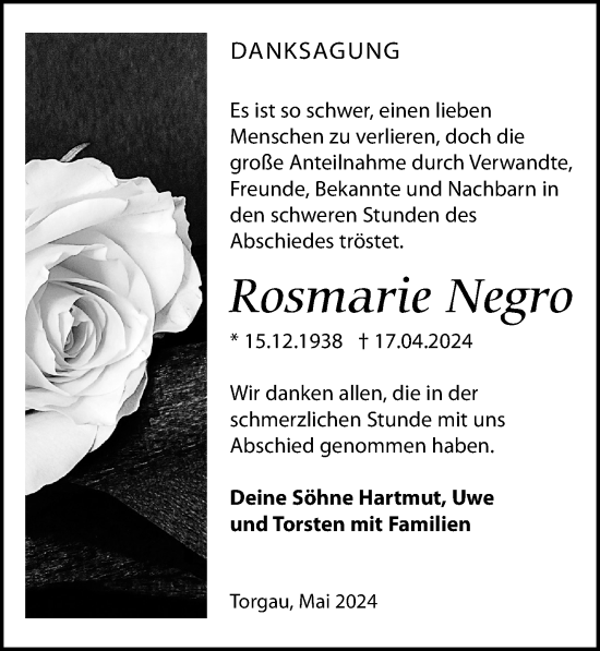 Traueranzeige von Rosmarie Negro von Torgauer Zeitung