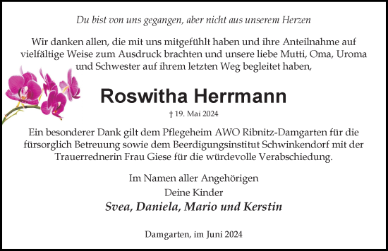 Traueranzeige von Roswitha Herrmann von Ostsee-Zeitung GmbH