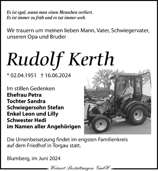 Traueranzeige von Rudolf Kerth von Torgauer Zeitung