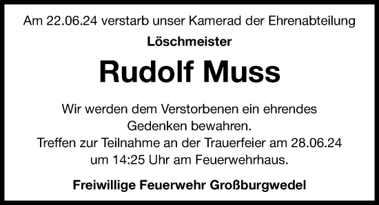 Traueranzeige von Rudolf Muss von Hannoversche Allgemeine Zeitung/Neue Presse