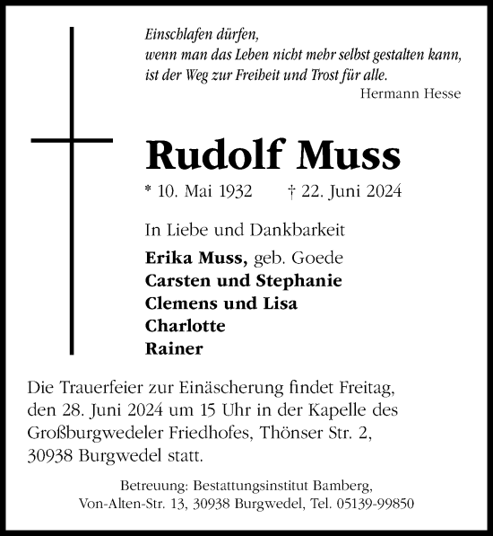 Traueranzeige von Rudolf Muss von Hannoversche Allgemeine Zeitung/Neue Presse