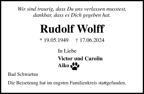 Traueranzeige von Rudolf Wolff von Lübecker Nachrichten