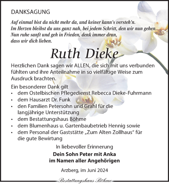 Traueranzeige von Ruth Dieke von Torgauer Zeitung