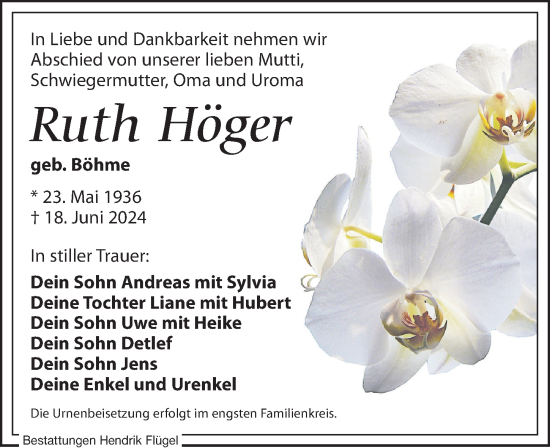 Traueranzeige von Ruth Höger von Leipziger Volkszeitung