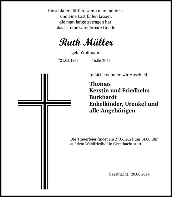 Traueranzeige von Ruth Müller von Lübecker Nachrichten