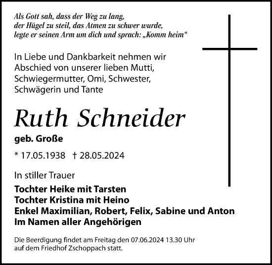 Traueranzeige von Ruth Schneider von Leipziger Volkszeitung