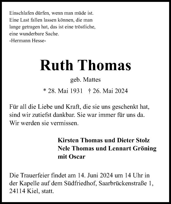 Traueranzeige von Ruth Thomas von Kieler Nachrichten