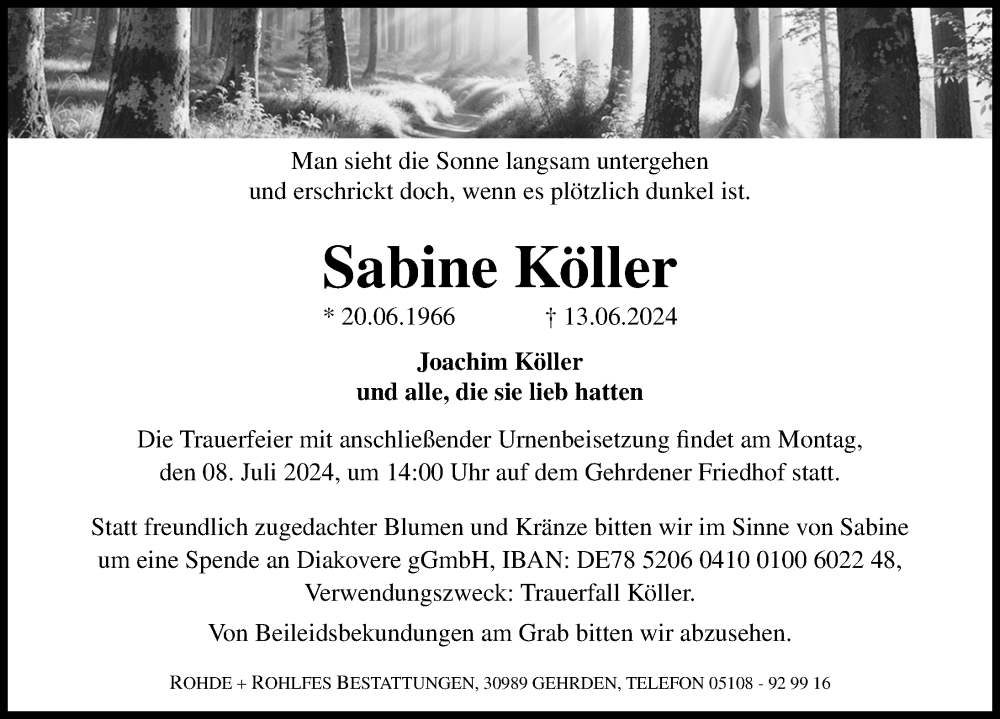  Traueranzeige für Sabine Köller vom 29.06.2024 aus Hannoversche Allgemeine Zeitung/Neue Presse