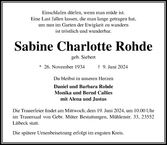 Traueranzeige von Sabine Charlotte Rohde von Lübecker Nachrichten