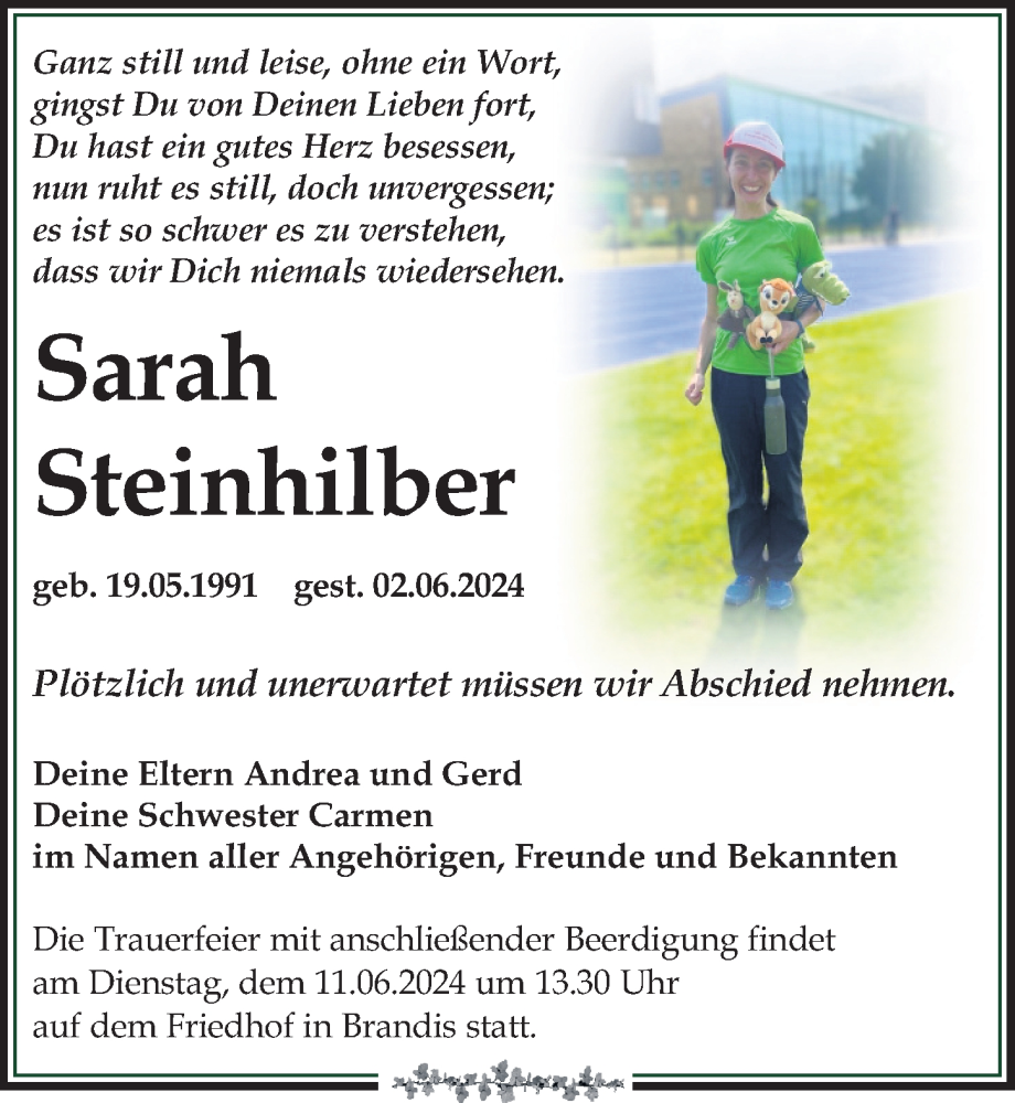  Traueranzeige für Sarah Steinhilber vom 08.06.2024 aus Leipziger Volkszeitung