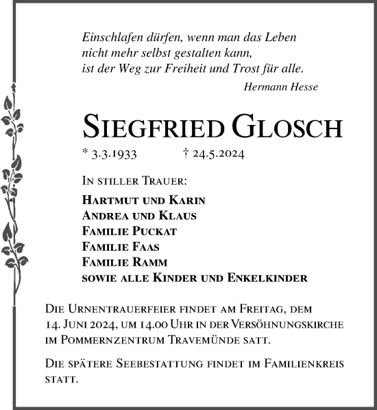 Traueranzeige von Siegfried Glosch von Lübecker Nachrichten