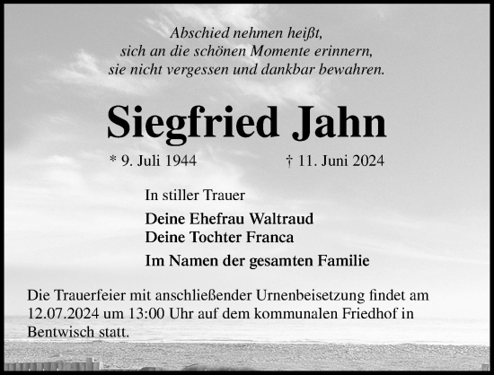 Traueranzeige von Siegfried Jahn von Ostsee-Zeitung GmbH