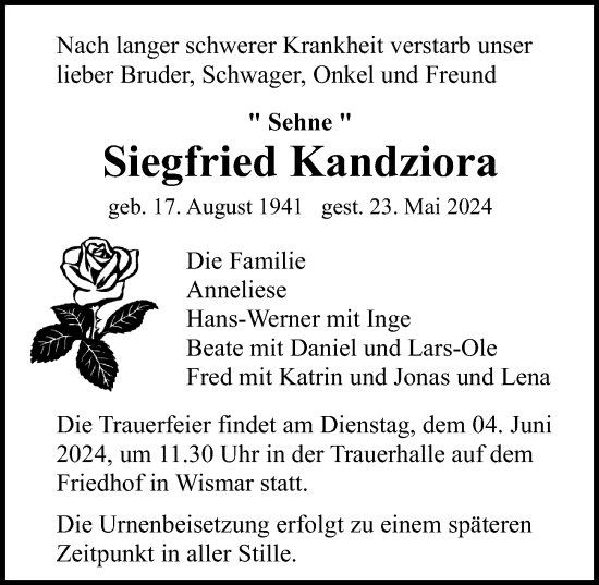 Traueranzeige von Siegfried Kandziora von Ostsee-Zeitung GmbH