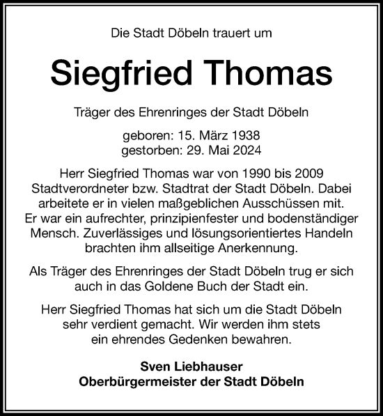 Traueranzeige von Siegfried Thomas von Leipziger Volkszeitung