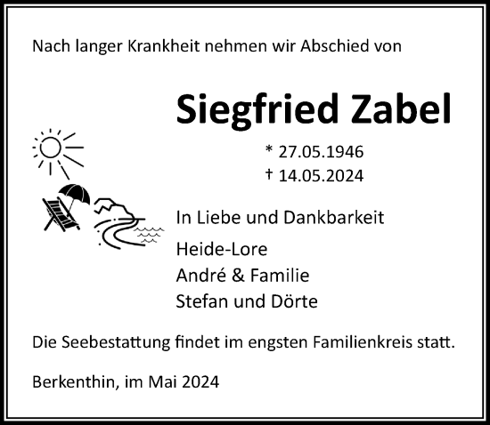 Traueranzeige von Siegfried Zabel von Lübecker Nachrichten
