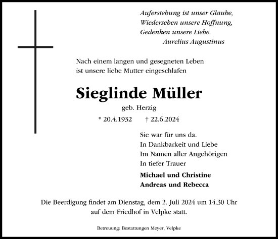 Traueranzeige von Sieglinde Müller von Aller Zeitung