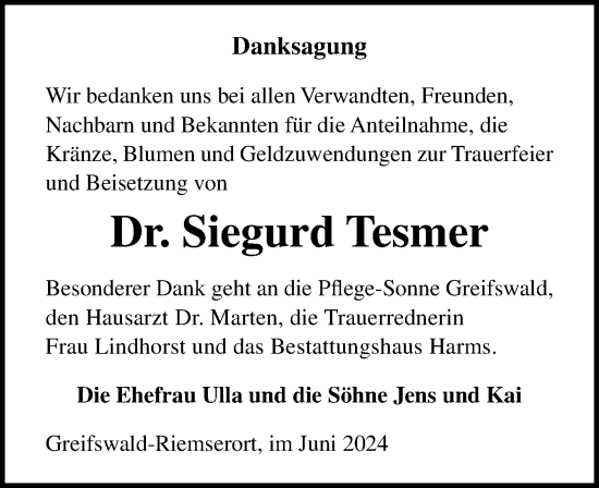 Traueranzeige von Siegurd Tesmer von Ostsee-Zeitung GmbH
