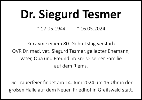Traueranzeige von Siegurd Tesmer von Ostsee-Zeitung GmbH