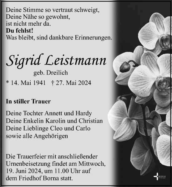 Traueranzeige von Sigrid Leistmann von Leipziger Volkszeitung