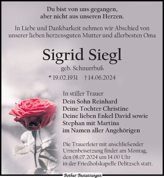 Traueranzeige von Sigrid Siegl von Leipziger Volkszeitung