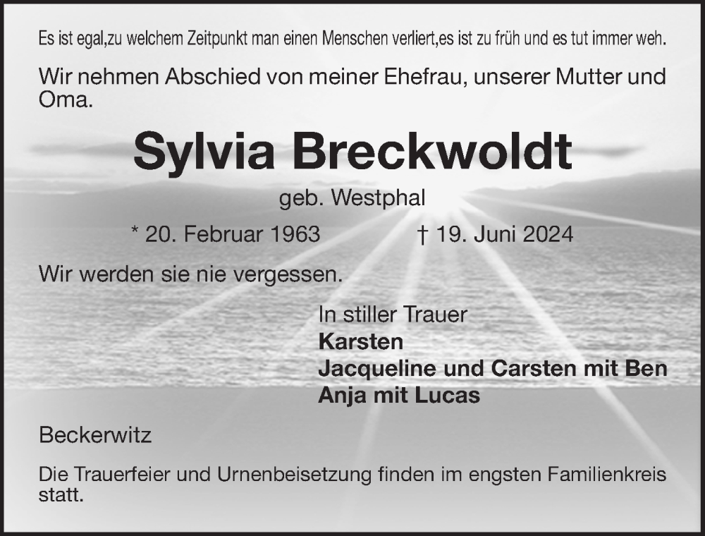  Traueranzeige für Sylvia Breckwoldt vom 29.06.2024 aus Ostsee-Zeitung GmbH